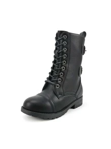 Fashionable Pu Leather Motorcycle Boots With Tied Straps For Kids, Casual Wear - màu đen - Xem 3