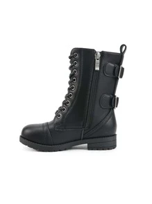 Fashionable Pu Leather Motorcycle Boots With Tied Straps For Kids, Casual Wear - màu đen - Xem 4