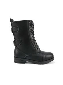 Fashionable Pu Leather Motorcycle Boots With Tied Straps For Kids, Casual Wear - màu đen - Xem 2
