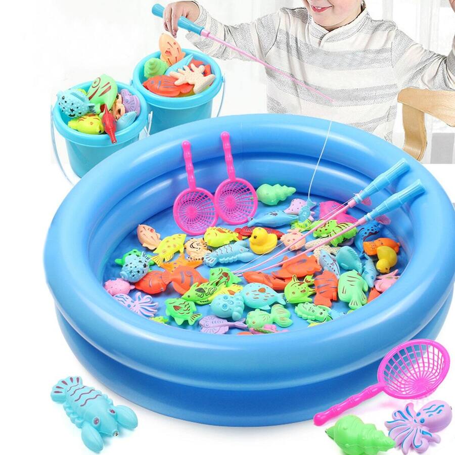 41入組兒童釣魚玩具，磁性釣魚竿，磁性塑料魚，圓形加大水池，親子互動遊戲套件顏色隨機 - 彩色 - 查看 1