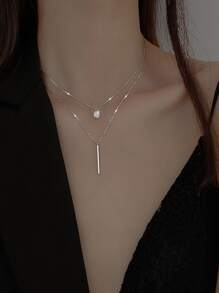 1pc Women's Silver Color Delicate Double Layer Necklace With Long Bar & Rhinestone Decoration Perfect For Daily Wear - Silver - View 2