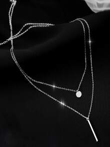 1pc Women's Silver Color Delicate Double Layer Necklace With Long Bar & Rhinestone Decoration Perfect For Daily Wear - Silver - View 3
