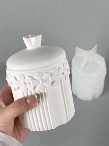 1入組壓花花朵環形帶蓋罐矽膠模具，花朵和條紋圖案儲物罐，石膏和樹脂鑄造模具 - 白色 - 查看 3