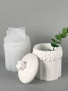 1入組壓花花朵環形帶蓋罐矽膠模具，花朵和條紋圖案儲物罐，石膏和樹脂鑄造模具 - 白色 - 查看 1