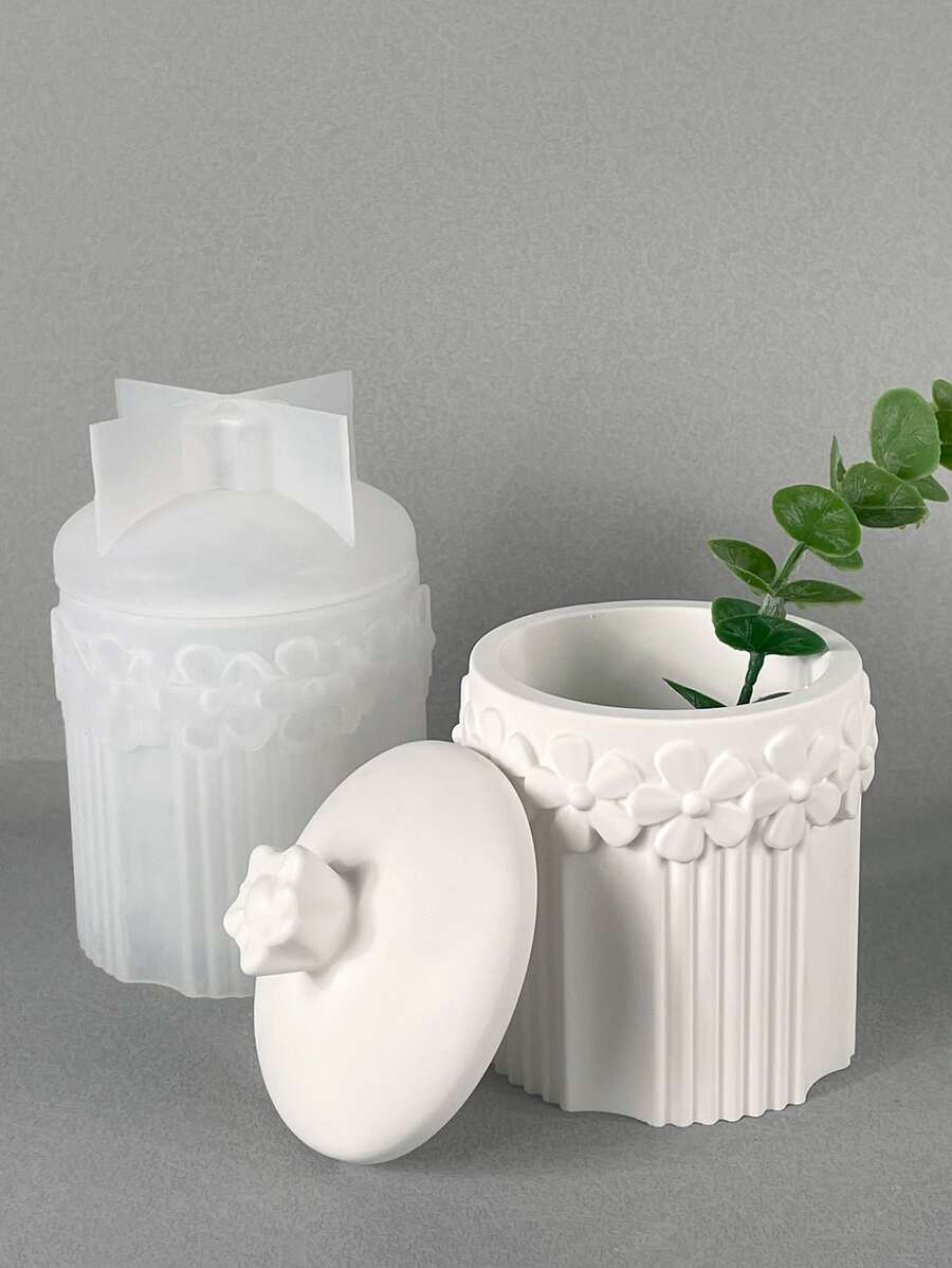 1入組壓花花朵環形帶蓋罐矽膠模具，花朵和條紋圖案儲物罐，石膏和樹脂鑄造模具 - 白色 - 查看 1