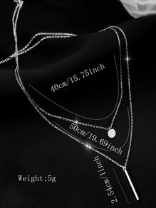 1pc Women's Silver Color Delicate Double Layer Necklace With Long Bar & Rhinestone Decoration Perfect For Daily Wear - Silver - View 5