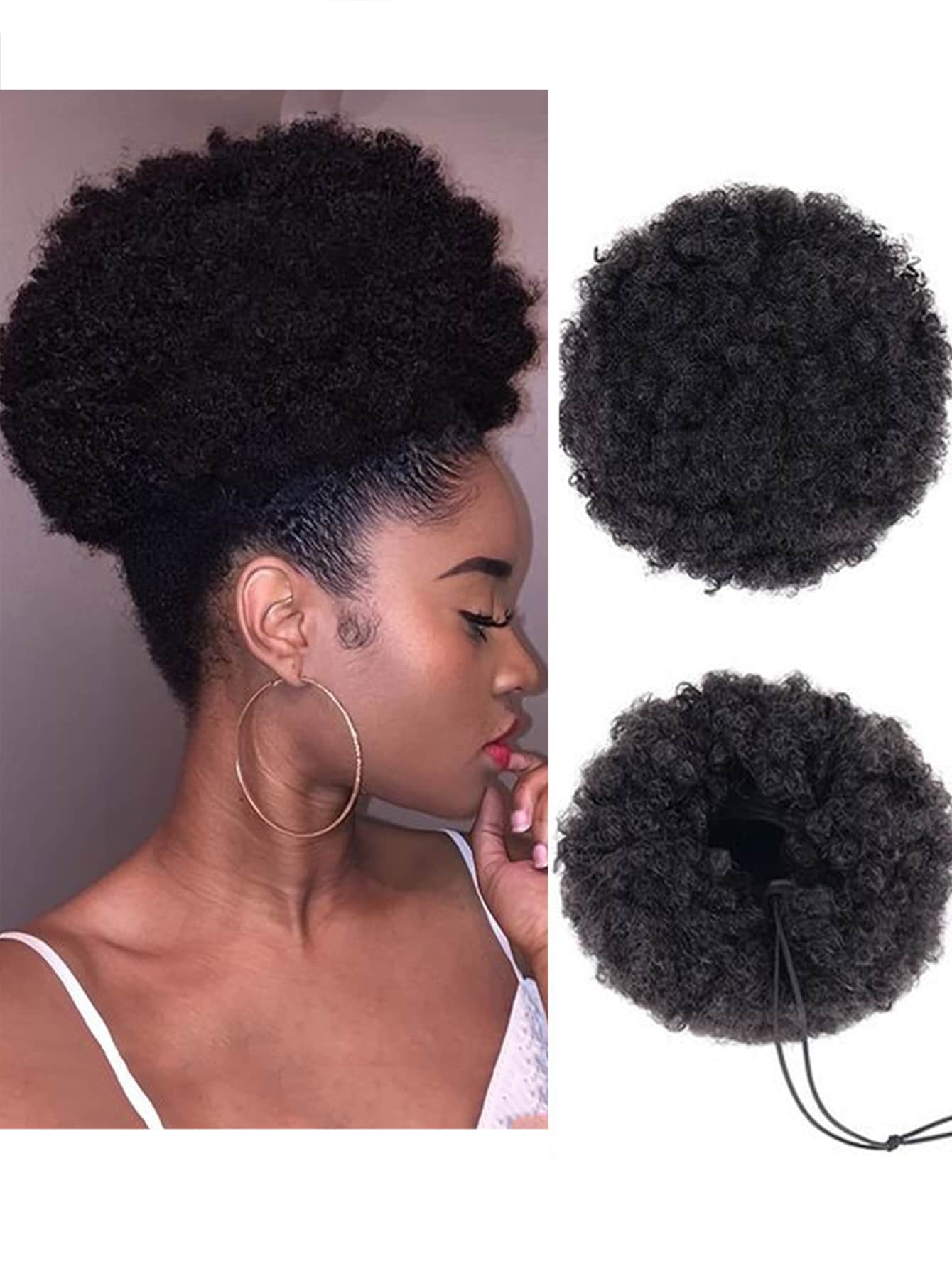 抽繩捲髮小圓麵包合成纖維接髮 - 黑色 - 查看 1