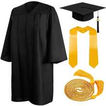 Matte Graduation Gown Cap Tassel Set 2024 With Charms Honor Cord Graduation Stoles For Accademic Dress Bachelor's Gown - 黑色 - 查看 1