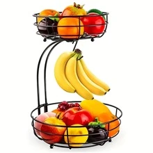 Frutero de 2 niveles de hierro para mostrador, cesta de frutas y verduras con colgador para plátanos, cesta de frutas de metal, negro, 64 onzas - Negro - Ver 1
