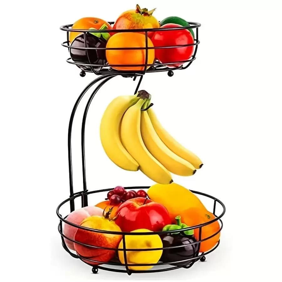 Frutero de 2 niveles de hierro para mostrador, cesta de frutas y verduras con colgador para plátanos, cesta de frutas de metal, negro, 64 onzas - Negro - Ver 1
