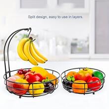 Frutero de 2 niveles de hierro para mostrador, cesta de frutas y verduras con colgador para plátanos, cesta de frutas de metal, negro, 64 onzas - Negro - Ver 2