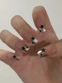 使用24入組長方形金色閃光黑色星星圖案可重複使用假指甲套裝升級您的造型，適合日常佩戴 - 彩色 - 查看 1
