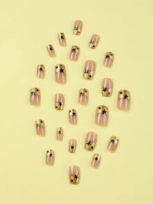 使用24入組長方形金色閃光黑色星星圖案可重複使用假指甲套裝升級您的造型，適合日常佩戴 - 彩色 - 查看 3