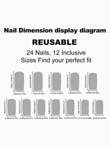1盒24入組加大長方形法式風格人造指甲，帶有花朵、蝴蝶和鑽石3D飾物，包括1支指甲文件和1支果凍膠貼上指甲工具 - 彩色 - 查看 3