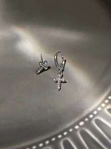 1pair Punk Style Fashionable Asymmetrical Cross Dangle Earrings - Silver - View 3