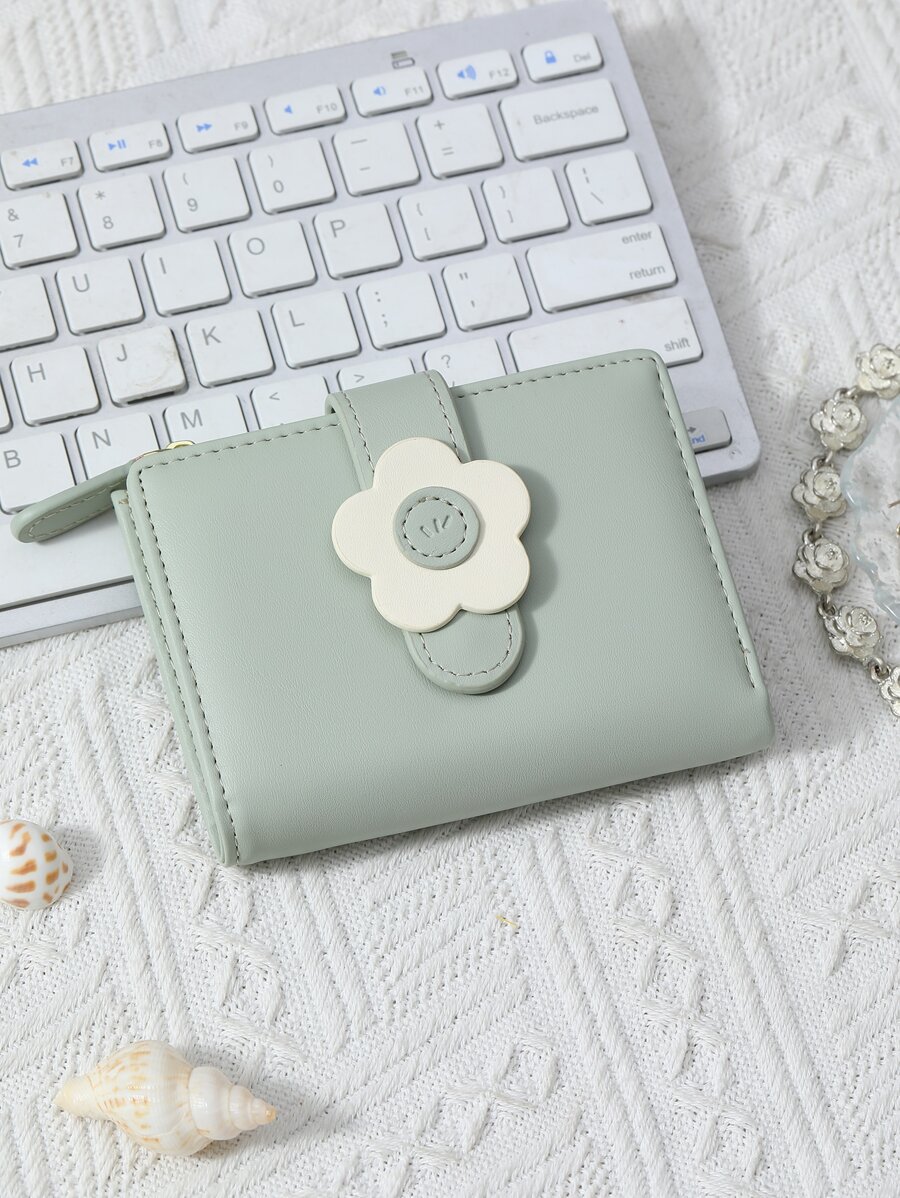 Flower Decorated Snap Closure Zipper Coin Purse Portable, Money, Cash White-Collar Workers, For Female College, Work, Business, Commute, Office, For Anniversary, For Couple, For Birthday Gift, On Valentine Day Gift, Gift Gifts For Teachers - Green - View 1