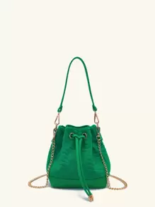 Mini Geometric Print Bucket Bag With Drawstring Design - Green - View 1