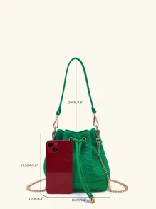 Mini Geometric Print Bucket Bag With Drawstring Design - Green - View 5