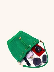 Mini Geometric Print Bucket Bag With Drawstring Design - Green - View 3