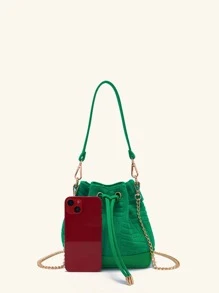 Mini Geometric Print Bucket Bag With Drawstring Design - Green - View 6