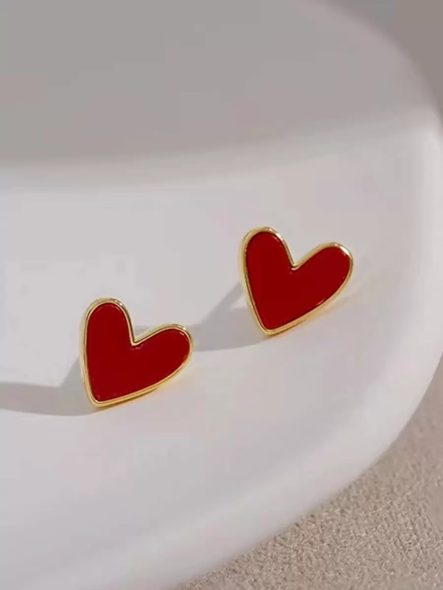 1pair Heart Shaped Stud Earrings Suitable For Daily Wear Valentines,Mom,Mother,Mother's Day,Gift - Red - View 1