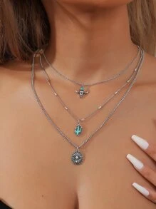 1入西部風格的綠松石裝飾仙人掌牛頭墜飾，古董銀層次鍊式項鍊，女性適用 - 復古銀色 - 查看 1