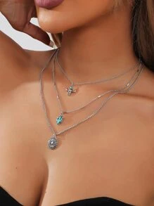 1入西部風格的綠松石裝飾仙人掌牛頭墜飾，古董銀層次鍊式項鍊，女性適用 - 復古銀色 - 查看 4