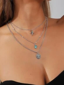 1入西部風格的綠松石裝飾仙人掌牛頭墜飾，古董銀層次鍊式項鍊，女性適用 - 復古銀色 - 查看 5