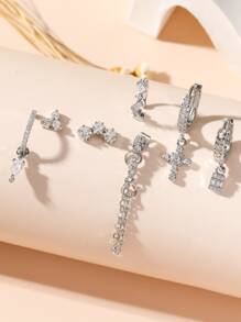 7pcs/set Cubic Zirconia Waterdrop Shaped Cross Stud Earrings - Silver - View 2