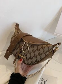 字母圖案雙拉鏈單肩包 - 棕色 - 查看 3