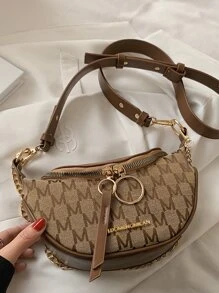 字母圖案雙拉鏈單肩包 - 棕色 - 查看 4