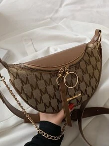 字母圖案雙拉鏈單肩包 - 棕色 - 查看 5