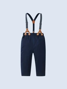 3 件套男婴绅士服装套装，带蝴蝶结的长袖衬衫、吊带裤和帽子，适合生日派对、婚礼、洗礼、圣诞节和其他场合 - 藍色 - 查看 5