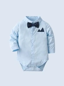 3 件套男婴绅士服装套装，带蝴蝶结的长袖衬衫、吊带裤和帽子，适合生日派对、婚礼、洗礼、圣诞节和其他场合 - 藍色 - 查看 3