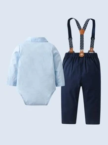 3 件套男婴绅士服装套装，带蝴蝶结的长袖衬衫、吊带裤和帽子，适合生日派对、婚礼、洗礼、圣诞节和其他场合 - 藍色 - 查看 2