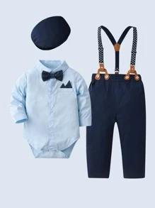 3 件套男婴绅士服装套装，带蝴蝶结的长袖衬衫、吊带裤和帽子，适合生日派对、婚礼、洗礼、圣诞节和其他场合 - 藍色 - 查看 1