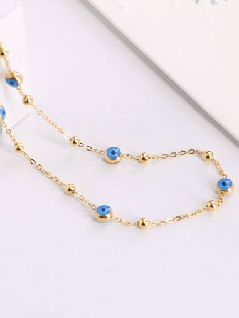 1pc Gold-color Stainless Steel Necklace With 5 Dark Blue Glass Beads And Eye Element For Women