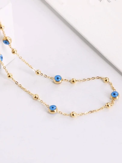 1pc Gold-color Stainless Steel Necklace With 5 Dark Blue Glass Beads And Eye Element For Women