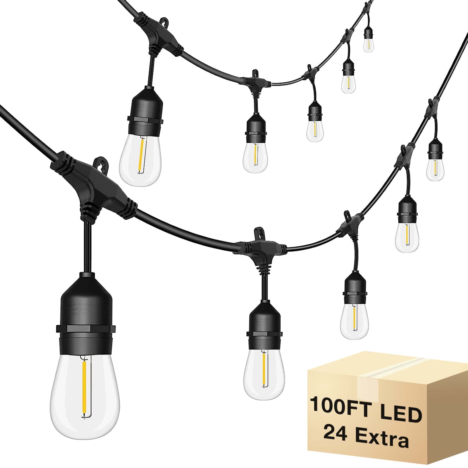 Outdoor String Lights 100ft, S14 LED Patio Lights with 24 Edison Vintage Bulbs, Connectable Outdoor String Lights for Porch Backyard Bistro, Waterproof & Shatterproof for Outside