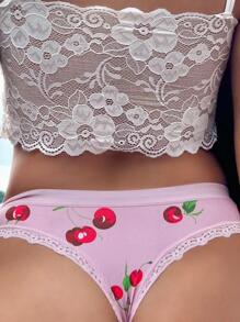 Cherry Print Contrast Lace Sexy Panty - Baby Pink - View 1