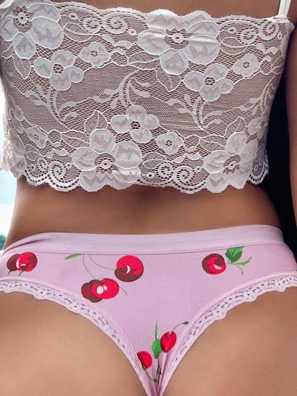 Cherry Print Contrast Lace Panty SHEIN UK