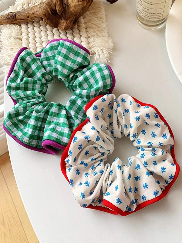 Set de 2 lazos para el cabello de tela con estampado a cuadros y floral diminuto, en estilo casual y de uso diario, tipo scrunchie, de estilo bohemio para mujeres