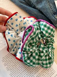 2 pièces/set Accessoires pour cheveux à motifs à carreaux et à fleurs Bohème femmes, style casual et bureautique, élastiques à cheveux Scrunchie