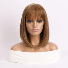 女式時尚自然空氣瀏海,棕色中長鮑伯髮型,內捲合成纖維假髮