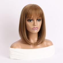 女式時尚自然空氣瀏海,棕色中長鮑伯髮型,內捲合成纖維假髮