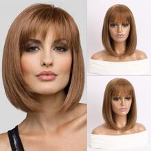 女式時尚自然空氣瀏海,棕色中長鮑伯髮型,內捲合成纖維假髮