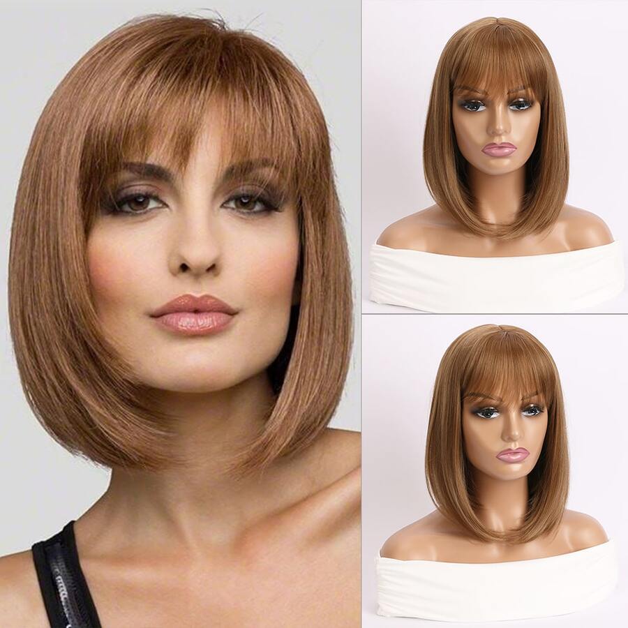 女式時尚自然空氣瀏海,棕色中長鮑伯髮型,內捲合成纖維假髮