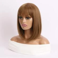 女式時尚自然空氣瀏海,棕色中長鮑伯髮型,內捲合成纖維假髮