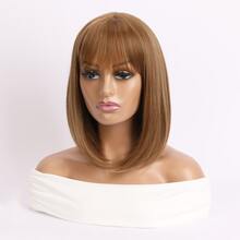 女式時尚自然空氣瀏海,棕色中長鮑伯髮型,內捲合成纖維假髮