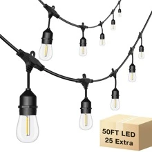 Outdoor String Lights 50ft, S14 LED Patio Lights With 25 Edison Vintage Bulbs, Connectable Outdoor String Lights For Porch Backyard Bistro, IP65 Waterproof & Shatterproof